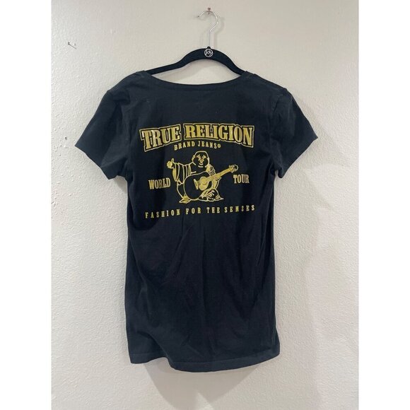 True Religion Women Black and gold cotton cup sleeve summer v neck shirt size XS - Picture 2 of 6